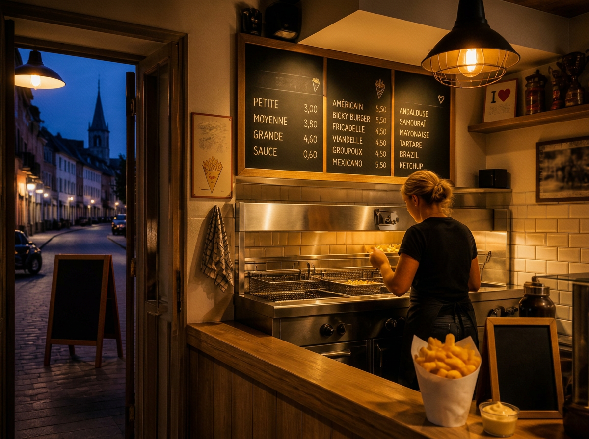 Interieur van de frituur met warme lampen